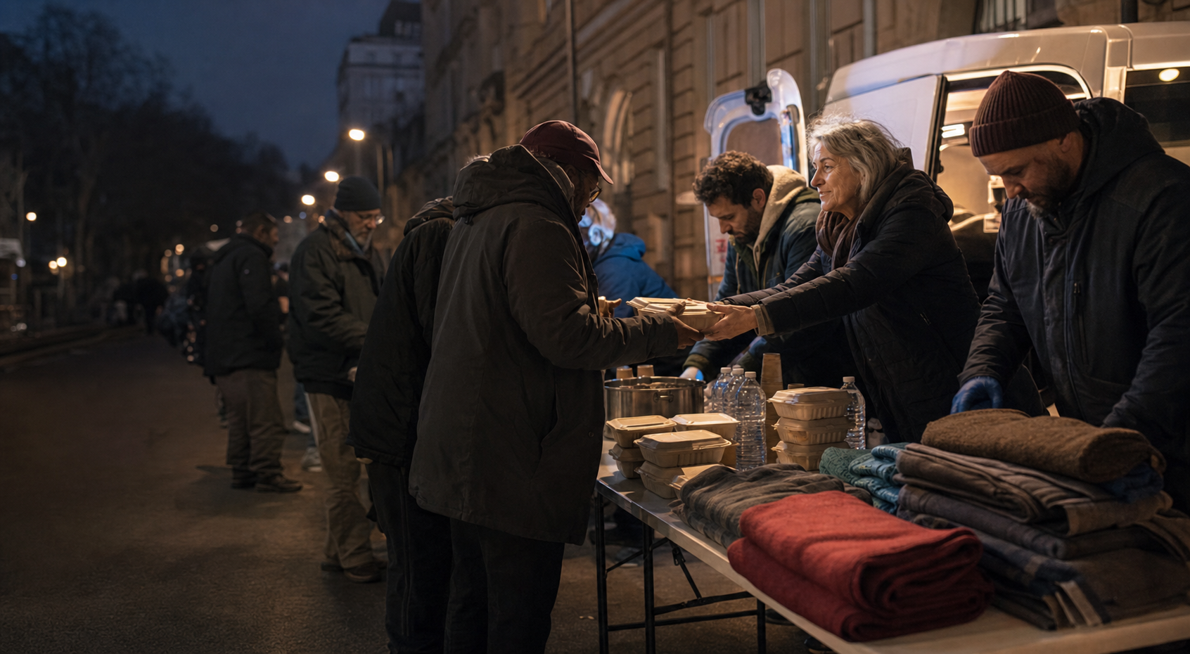 Benevoles distribuant des repas chauds et des couvertures lors d'une maraude de nuit.